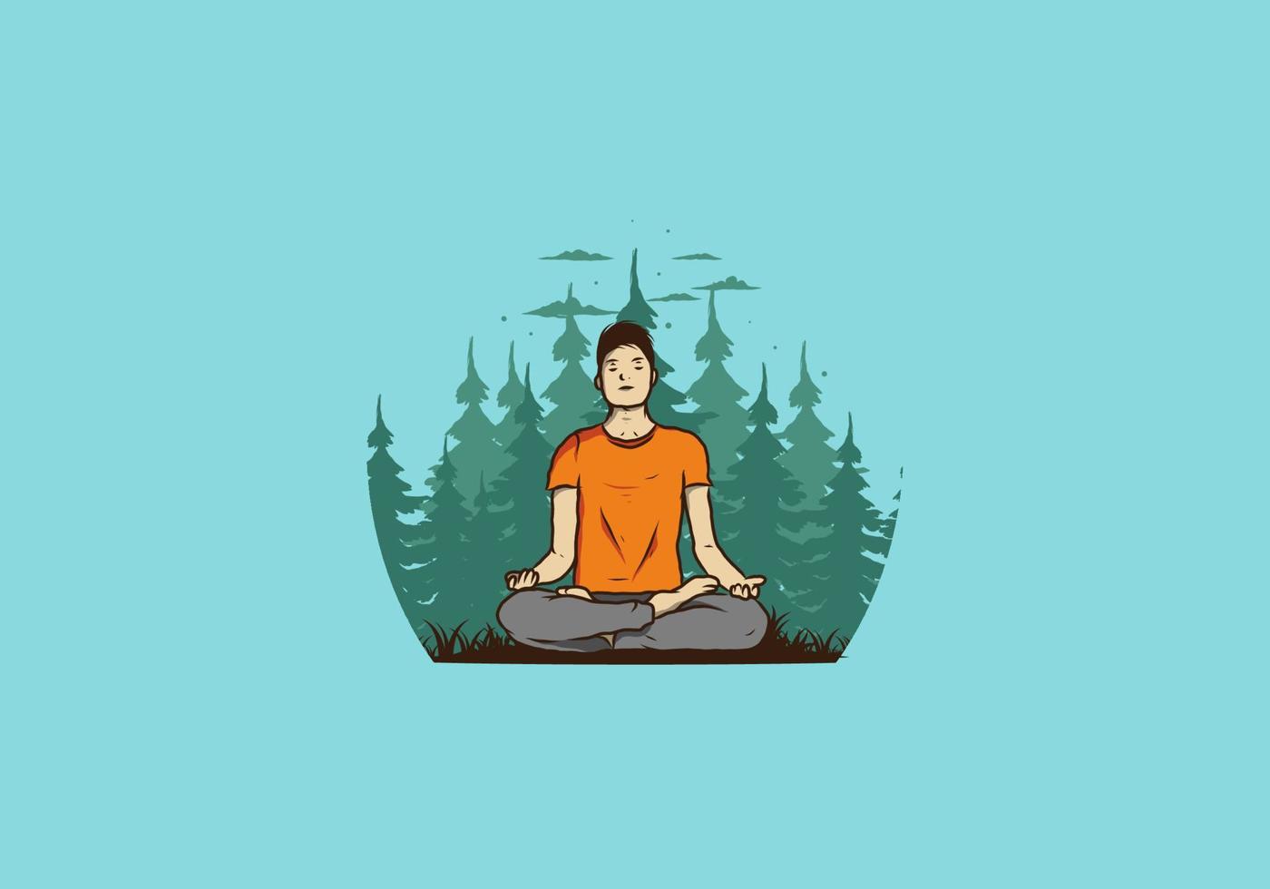 ilustración de alguien haciendo yoga y meditando al aire libre en un bosque en la naturaleza entre pinos vector