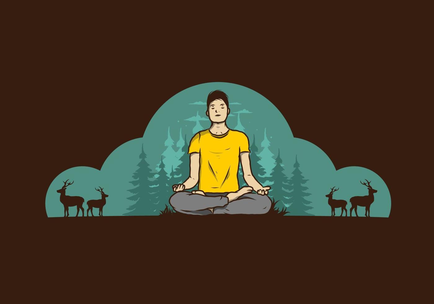 ilustración de alguien haciendo yoga y meditando al aire libre en un bosque en la naturaleza entre pinos vector