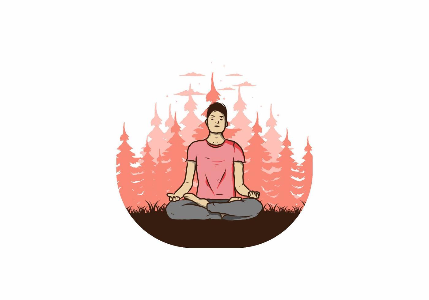 ilustración de alguien haciendo yoga y meditando al aire libre en un bosque en la naturaleza entre pinos vector