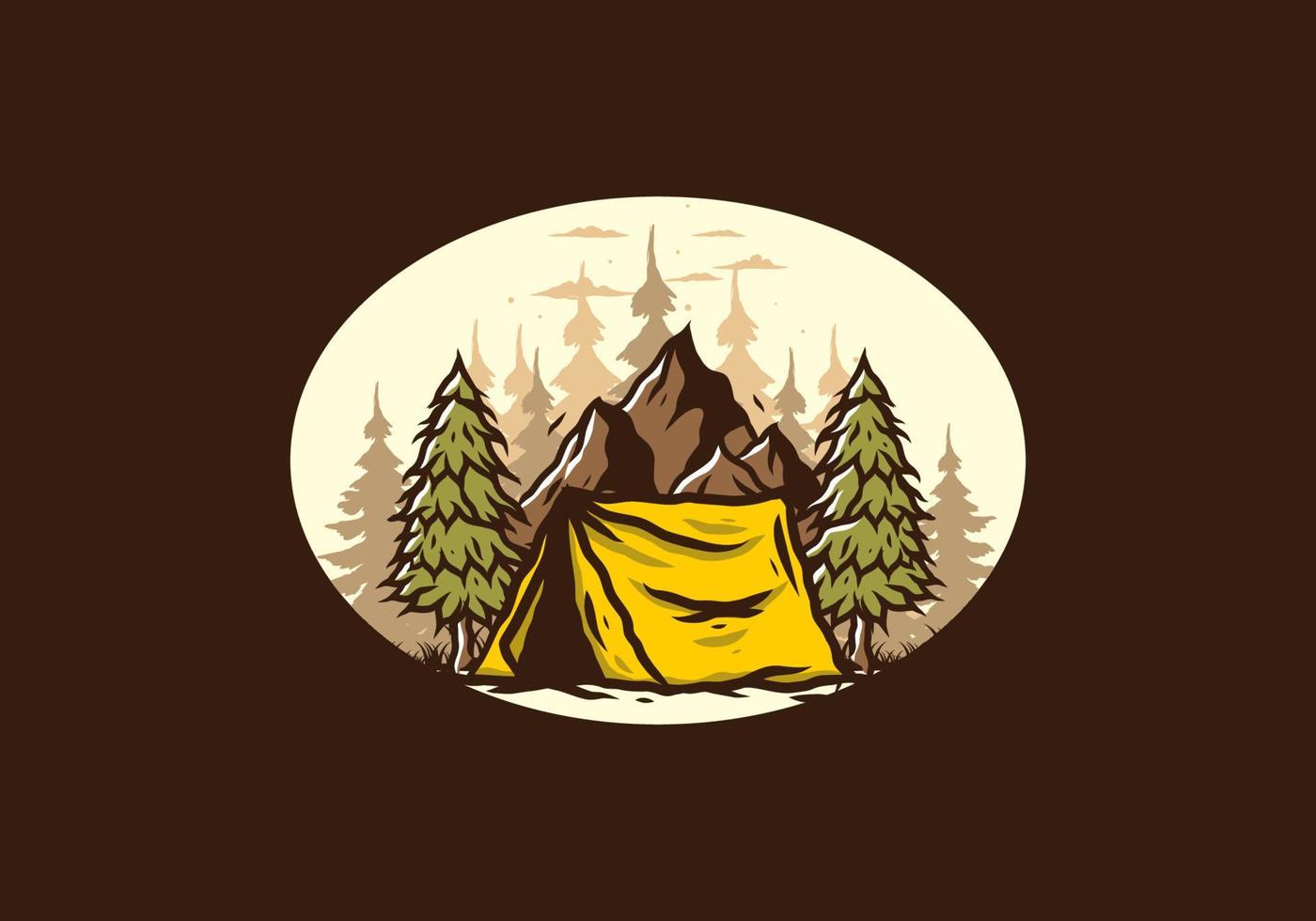 Camping tent in front of the mountain and between pine trees vector