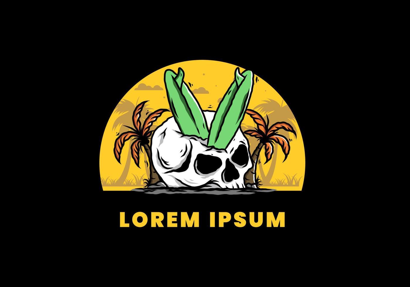 Surfing board stuck in human skull illustration vector