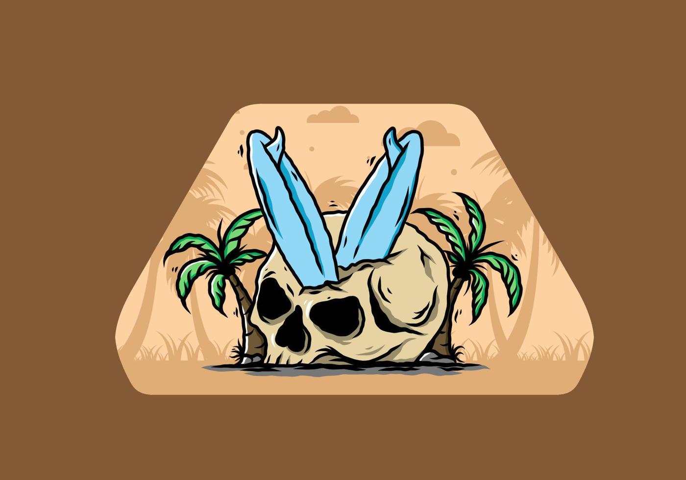 Surfing board stuck in human skull illustration vector