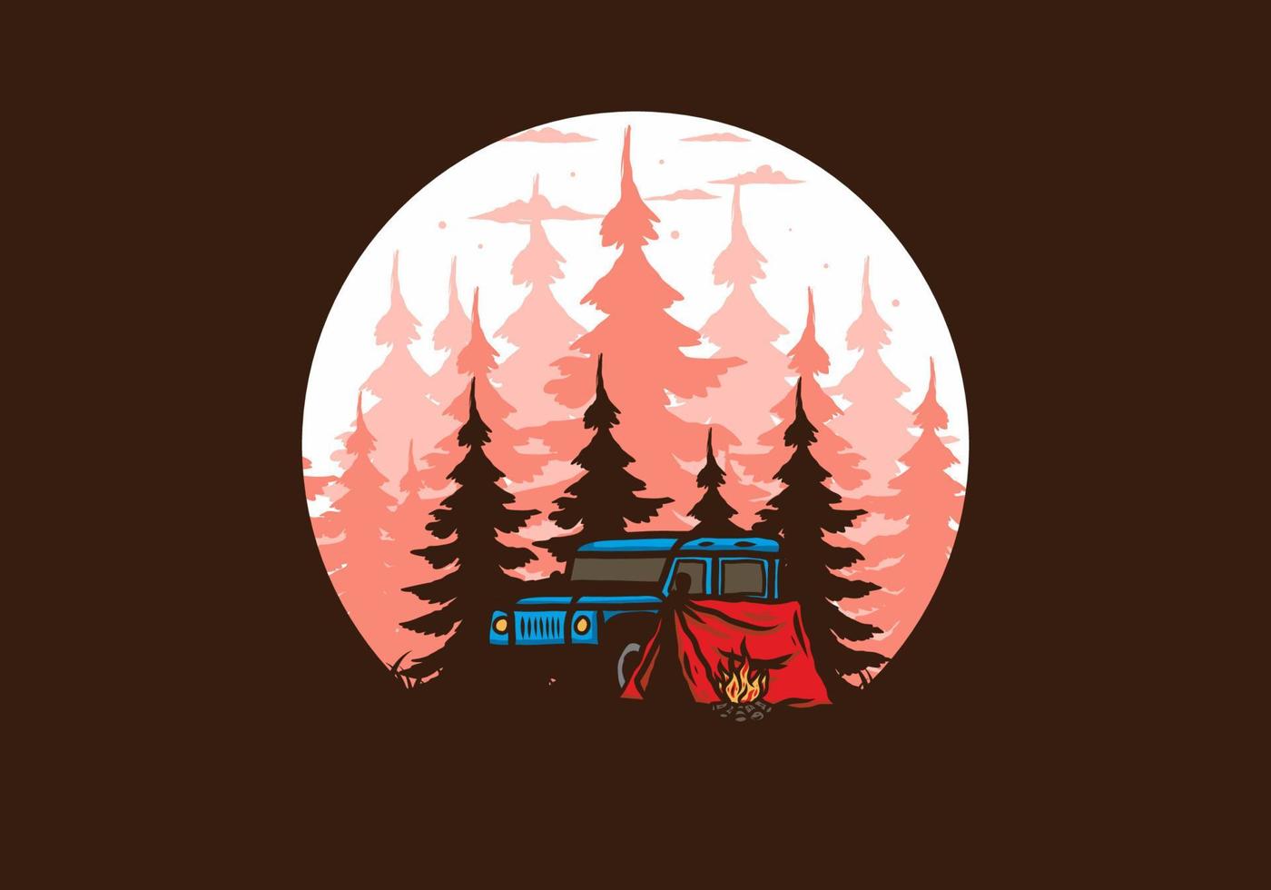 acampando al lado del auto en la ilustración del bosque vector