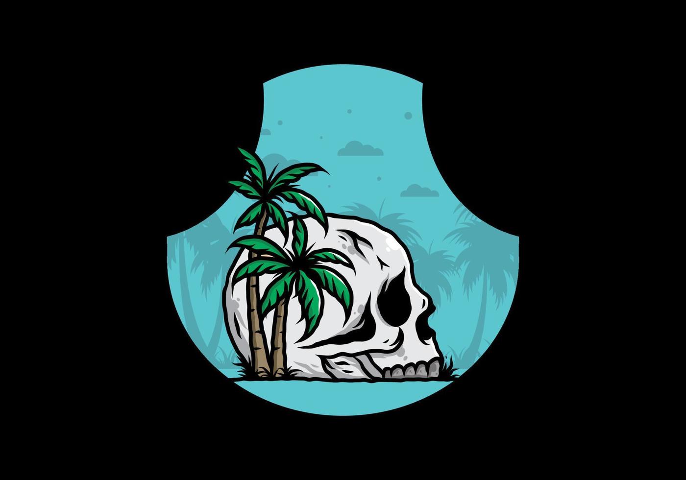 cabeza de calavera bajo la ilustración de árboles de coco vector