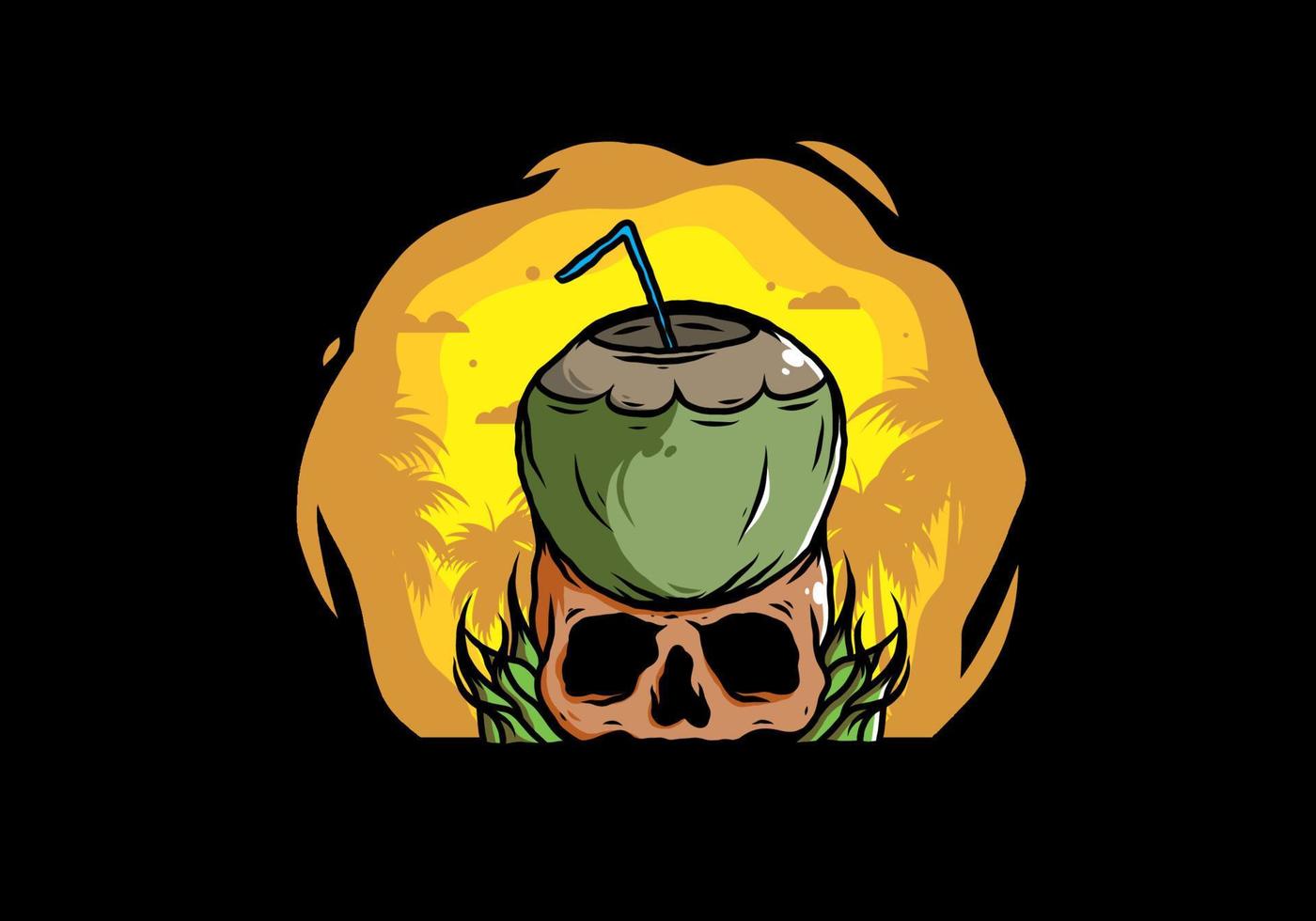 Coconut drink on human skull illustration vector