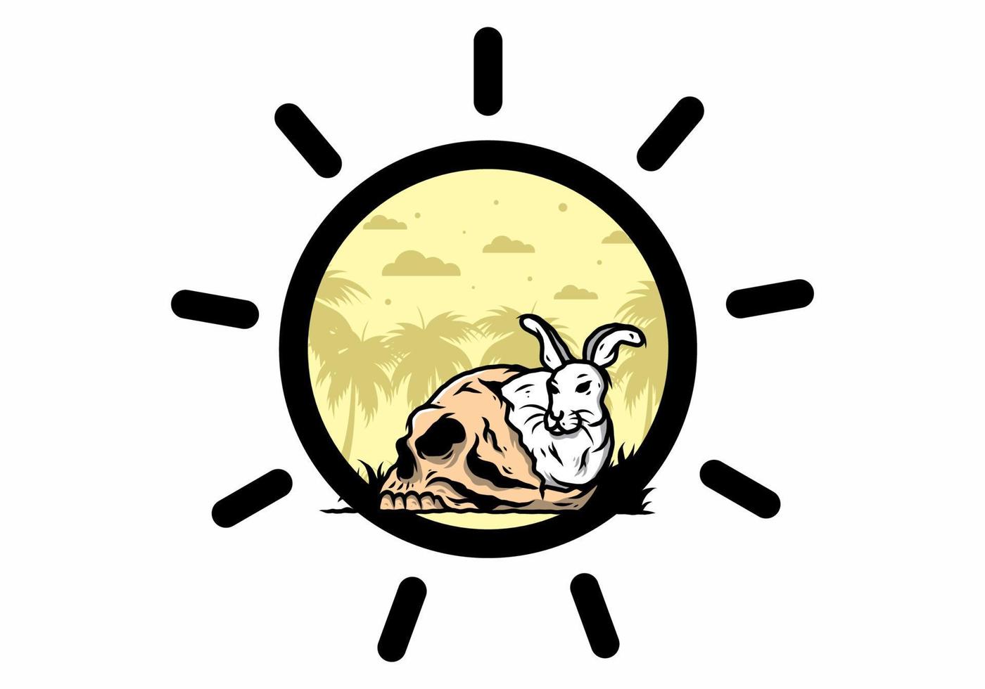 Rabbit hiding inside human skull illustration vector