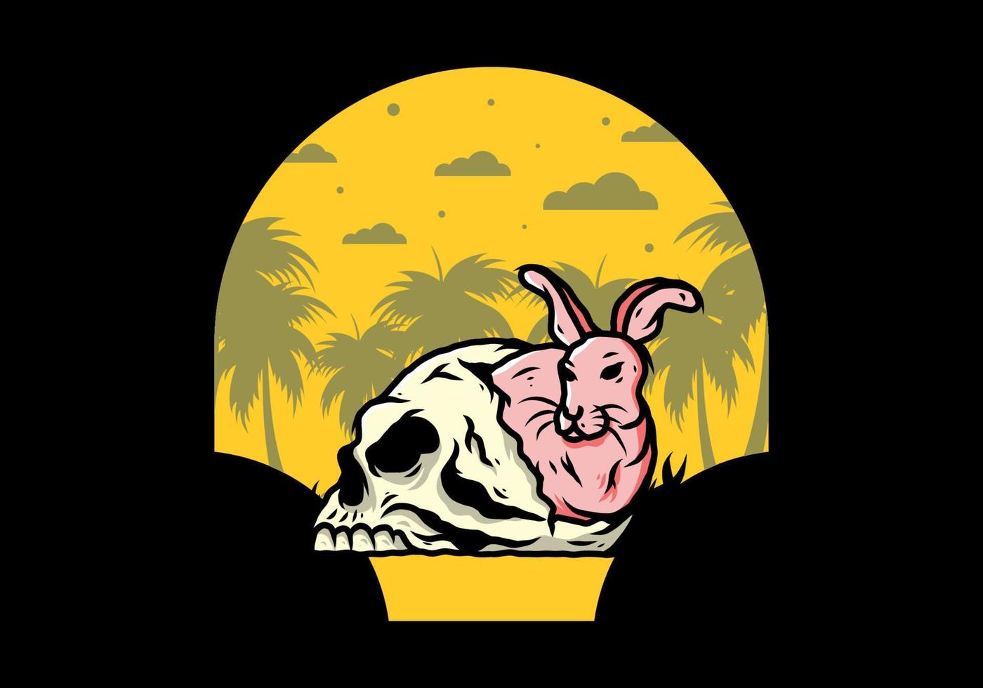 Rabbit hiding inside human skull illustration vector