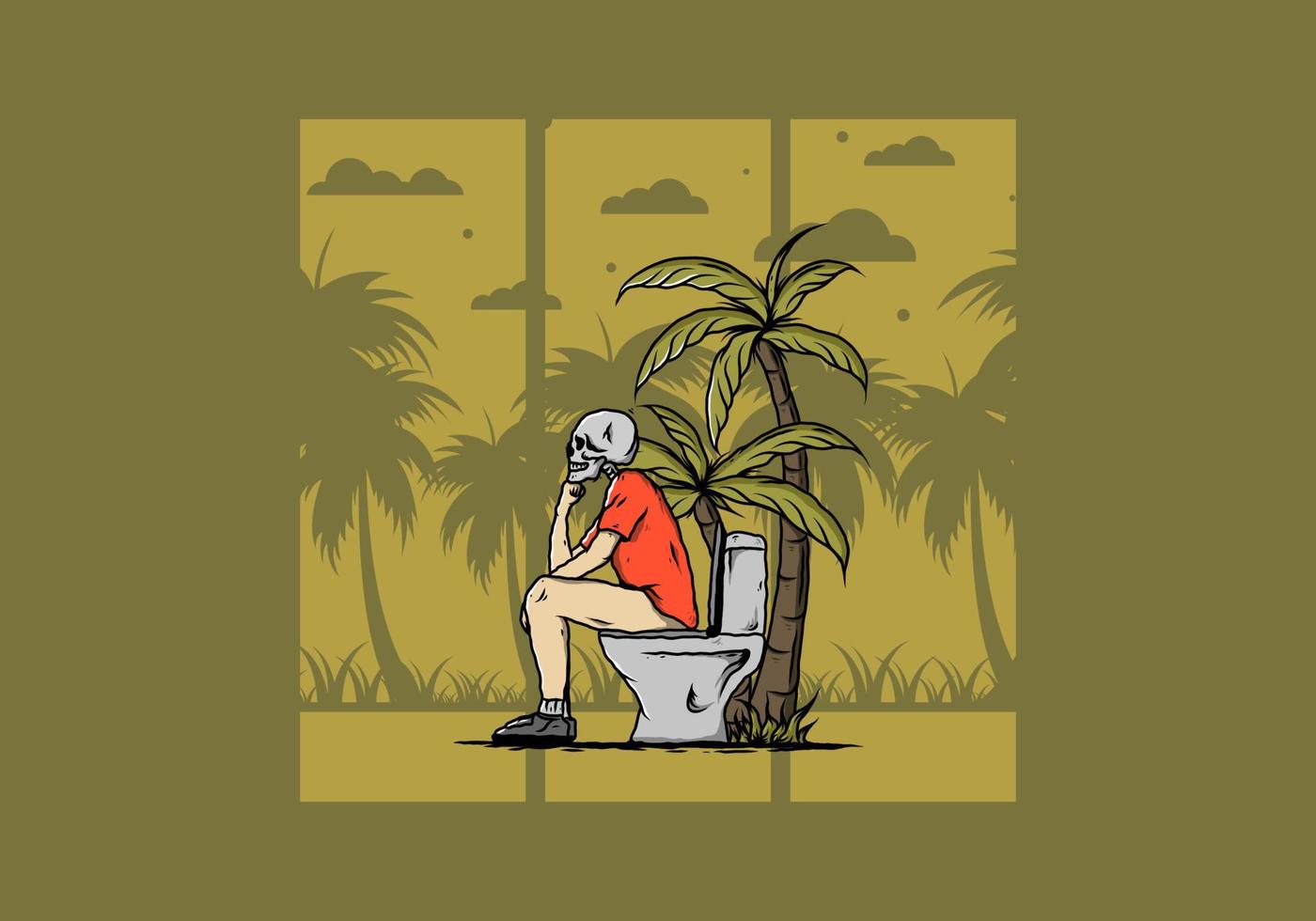 Skeleton man sit on outdoor toilet illustration vector