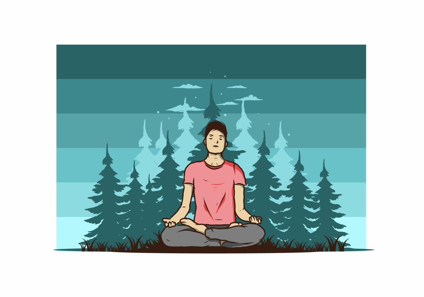 ilustración de alguien haciendo yoga y meditando al aire libre en un bosque en la naturaleza entre pinos vector