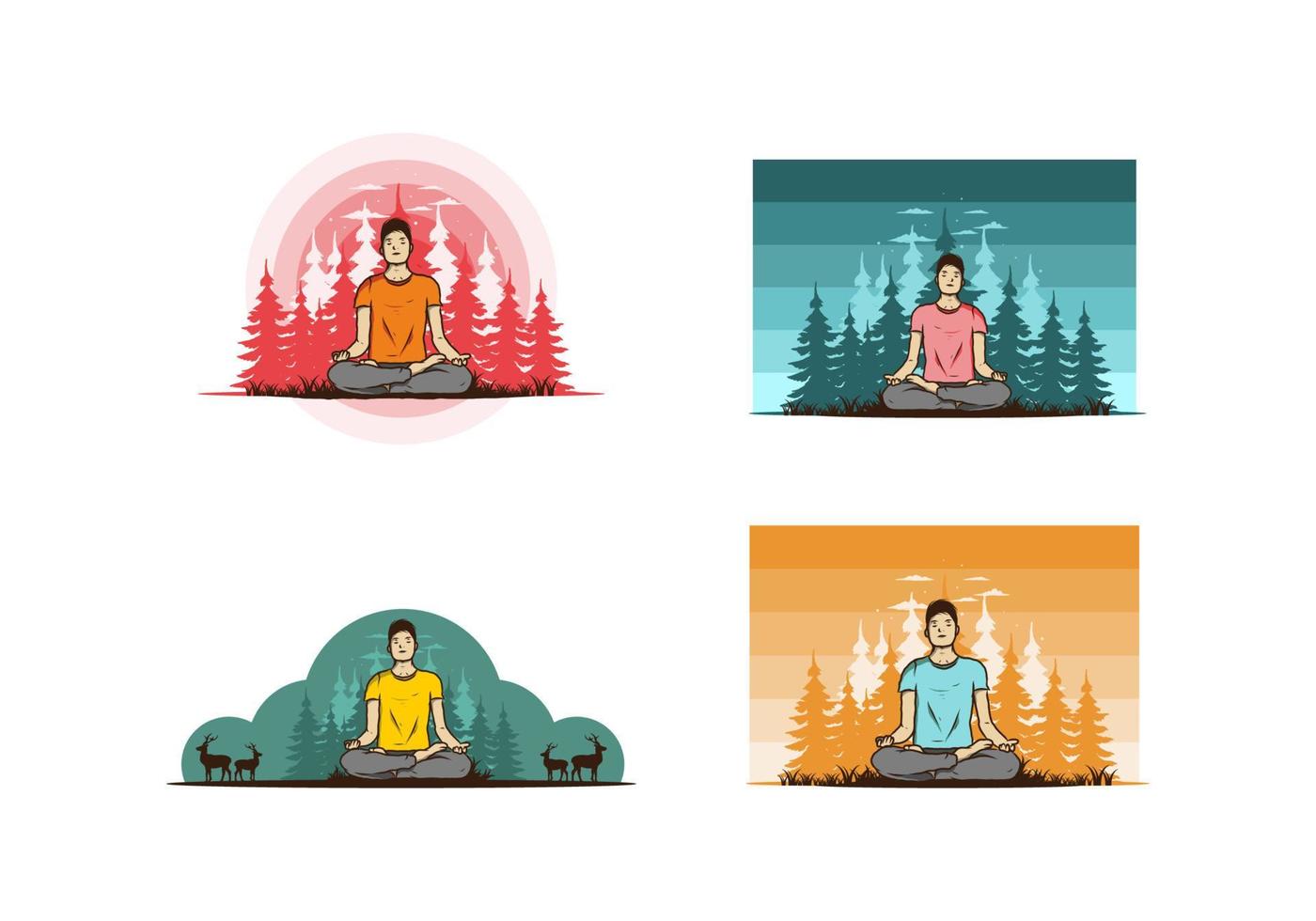 ilustración de alguien haciendo yoga y meditando al aire libre en un bosque en la naturaleza entre pinos vector