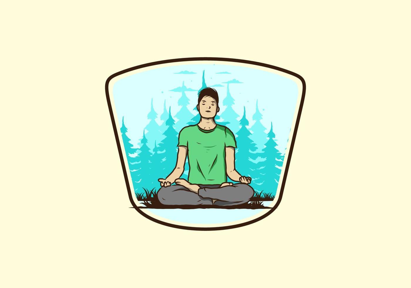 illustration of a someone doing yoga and meditating outdoors in a forest in nature among pine trees vector