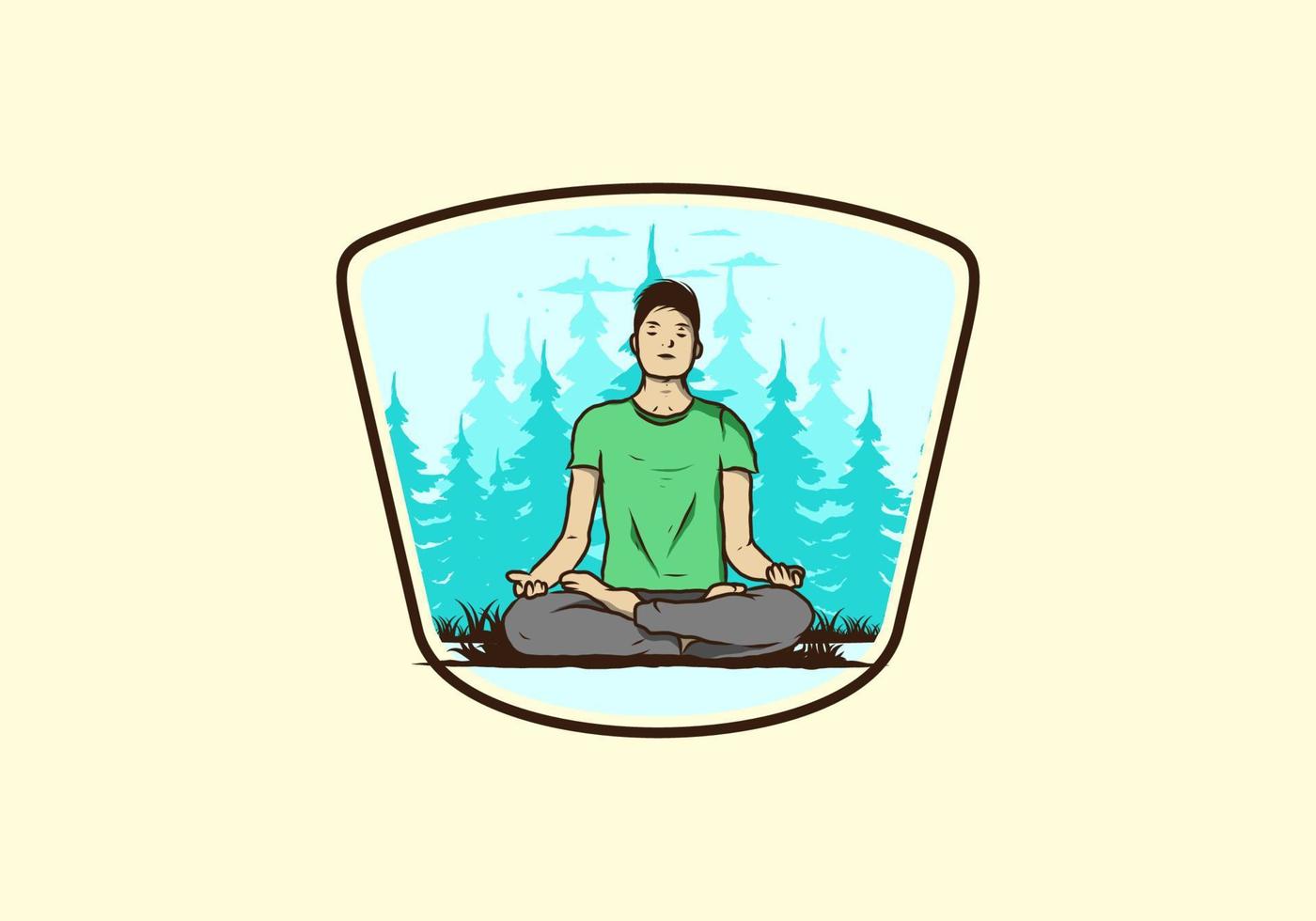 ilustración de alguien haciendo yoga y meditando al aire libre en un bosque en la naturaleza entre pinos vector