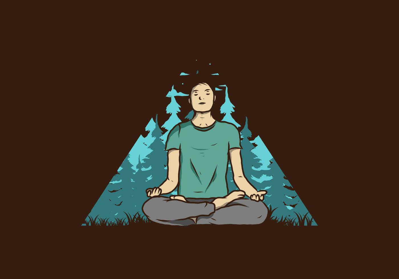 ilustración de alguien haciendo yoga y meditando al aire libre en un bosque en la naturaleza entre pinos vector