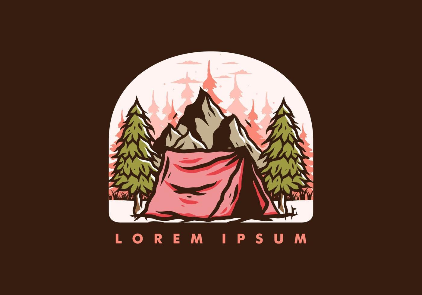 Camping tent in front of the mountain and between pine trees vector