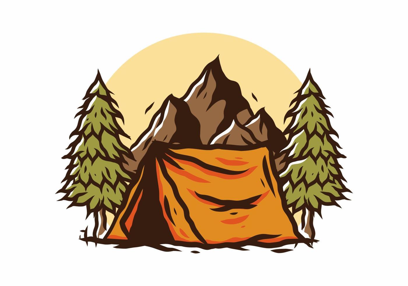 Camping tent in front of the mountain and between pine trees vector