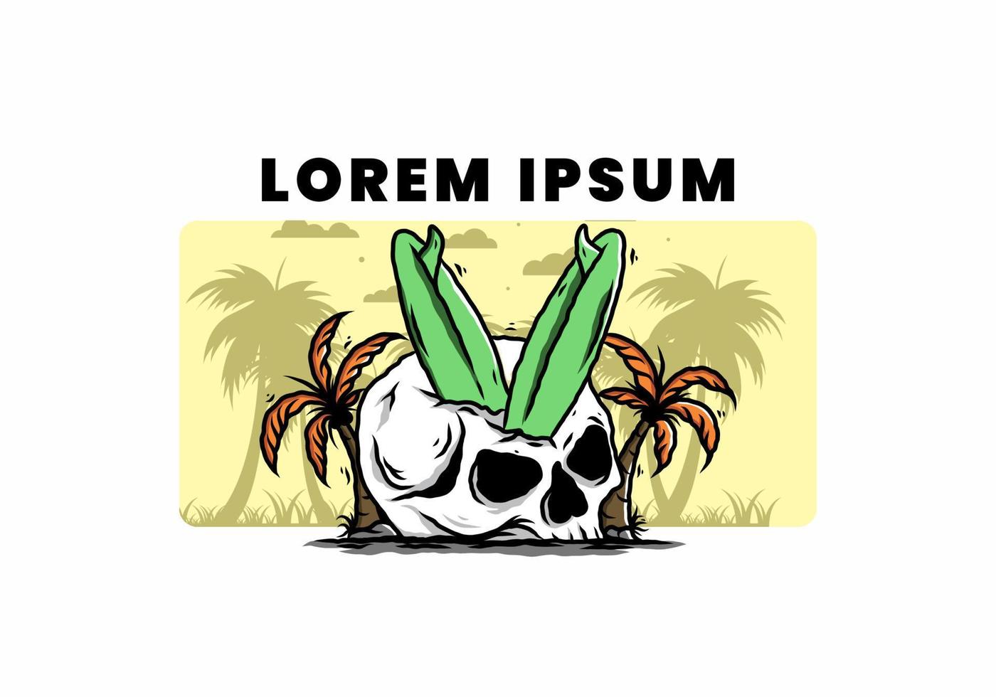 Surfing board stuck in human skull illustration vector