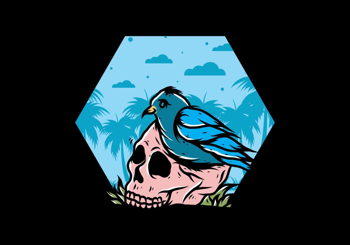 Bird nesting in skull illustration vector