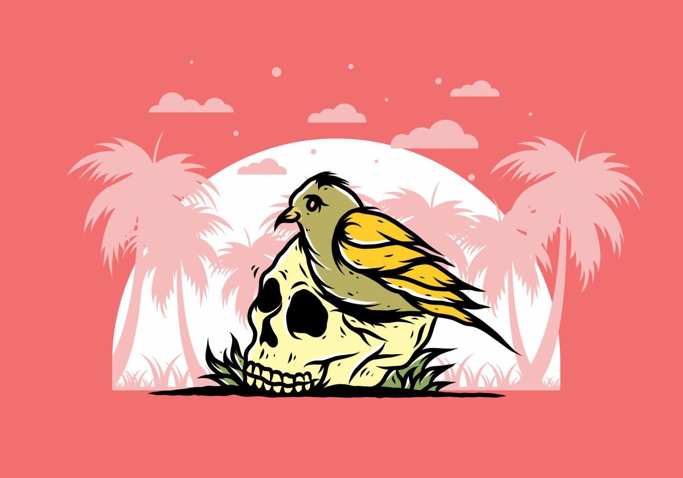 Bird nesting in skull illustration vector