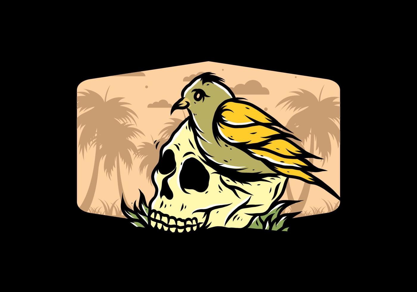 Bird nesting in skull illustration vector