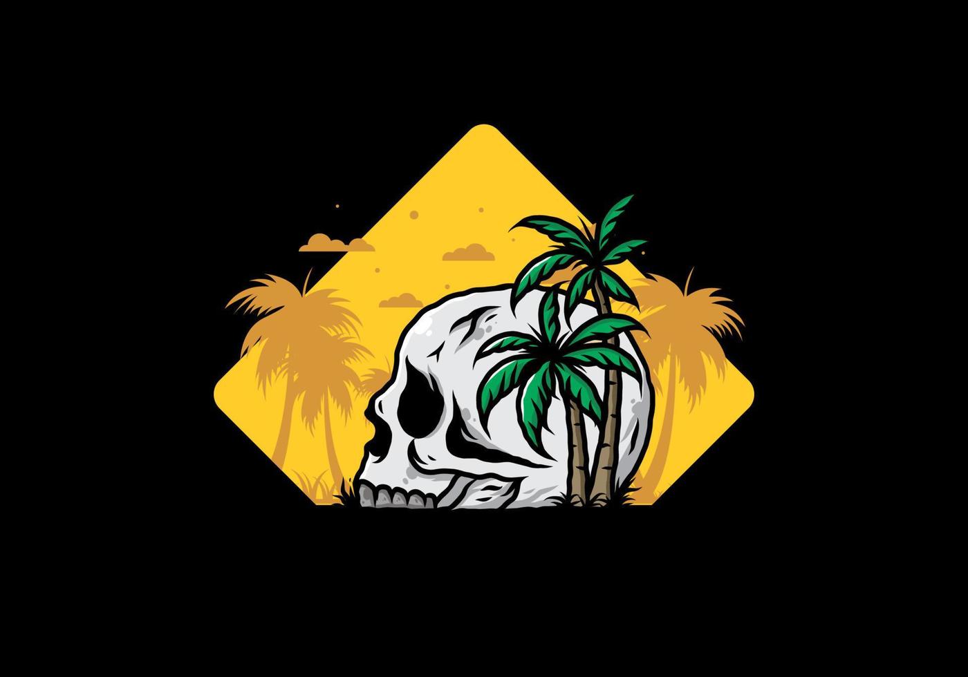 Skull head under coconut trees illustration vector