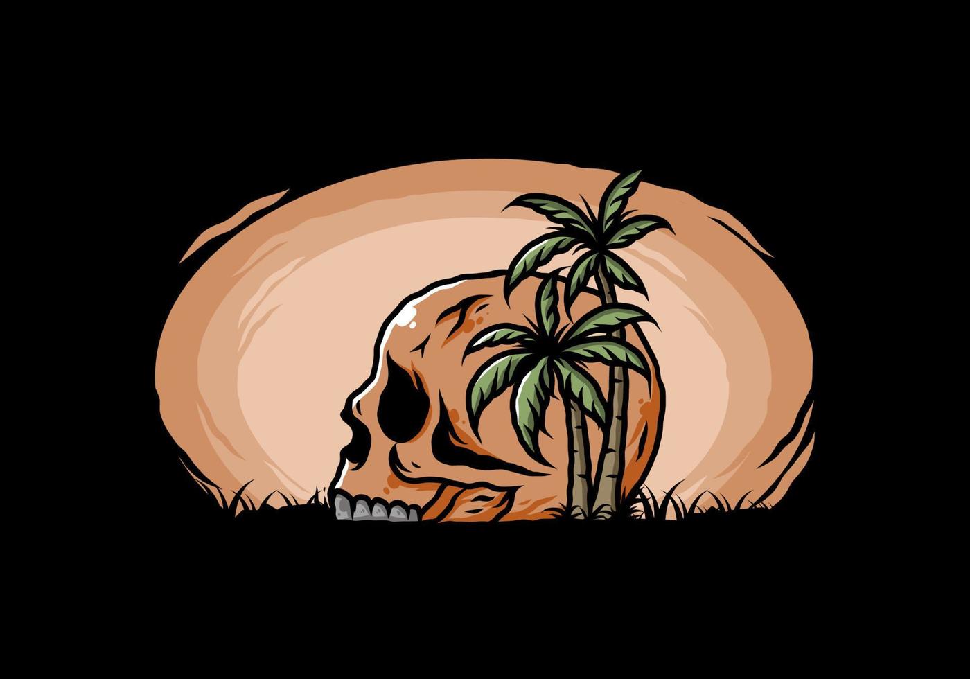 Skull head under coconut trees illustration vector