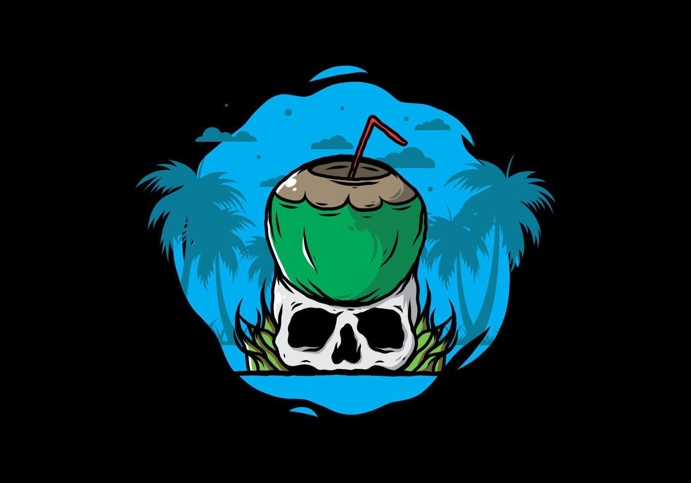 Coconut drink on human skull illustration vector