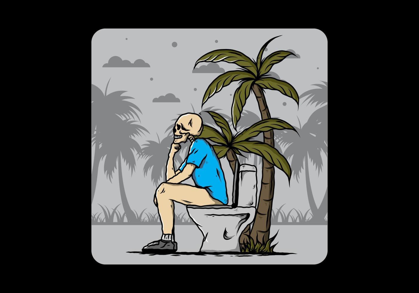 Skeleton man sit on outdoor toilet illustration vector