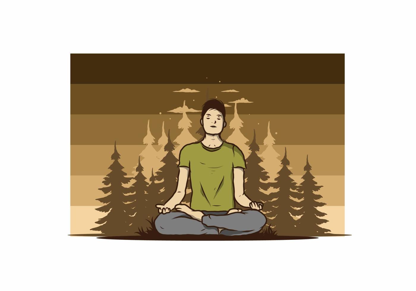 illustration of a someone doing yoga and meditating outdoors in a forest in nature among pine trees vector