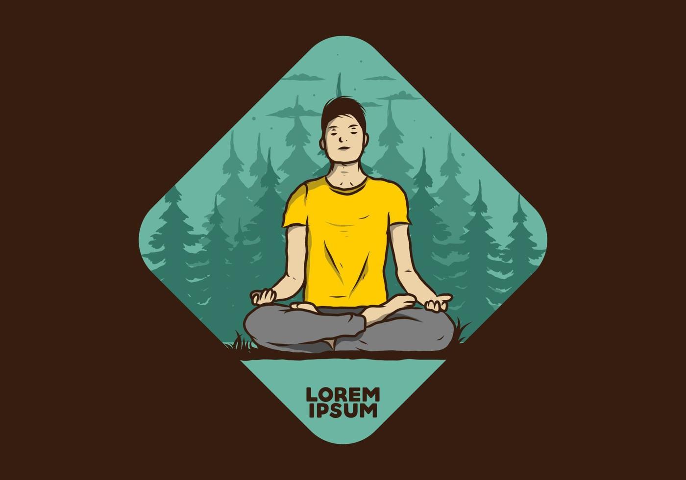 ilustración de alguien haciendo yoga y meditando al aire libre en un bosque en la naturaleza entre pinos vector