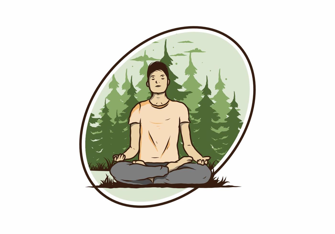 ilustración de alguien haciendo yoga y meditando al aire libre en un bosque en la naturaleza entre pinos vector