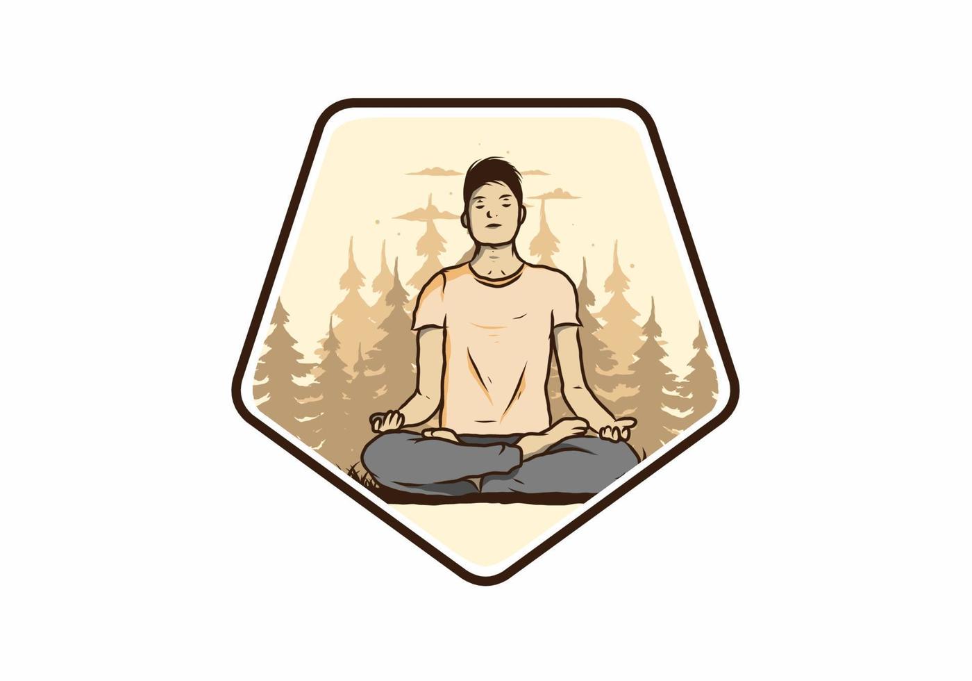 ilustración de alguien haciendo yoga y meditando al aire libre en un bosque en la naturaleza entre pinos vector