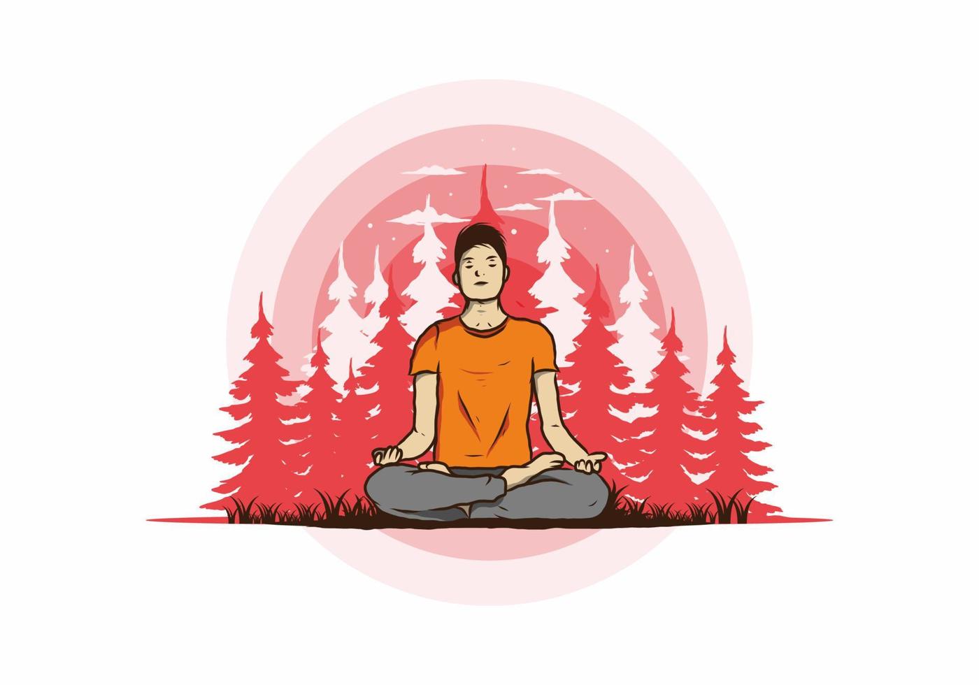 ilustración de alguien haciendo yoga y meditando al aire libre en un bosque en la naturaleza entre pinos vector
