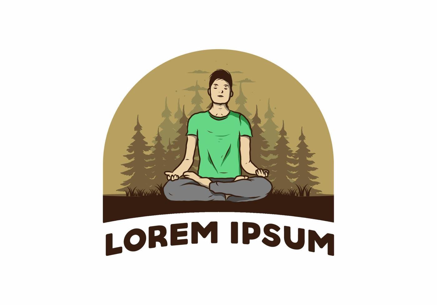 ilustración de alguien haciendo yoga y meditando al aire libre en un bosque en la naturaleza entre pinos vector