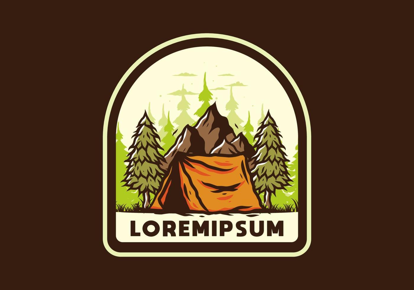 Camping tent in front of the mountain and between pine trees vector