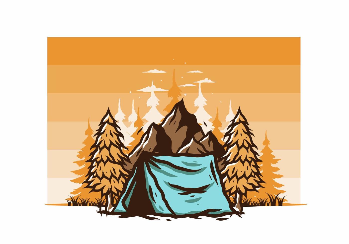 Camping tent in front of the mountain and between pine trees vector