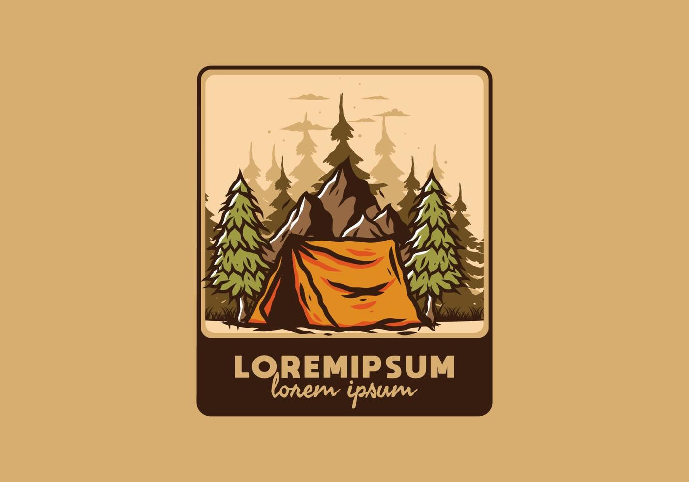 Camping tent in front of the mountain and between pine trees vector