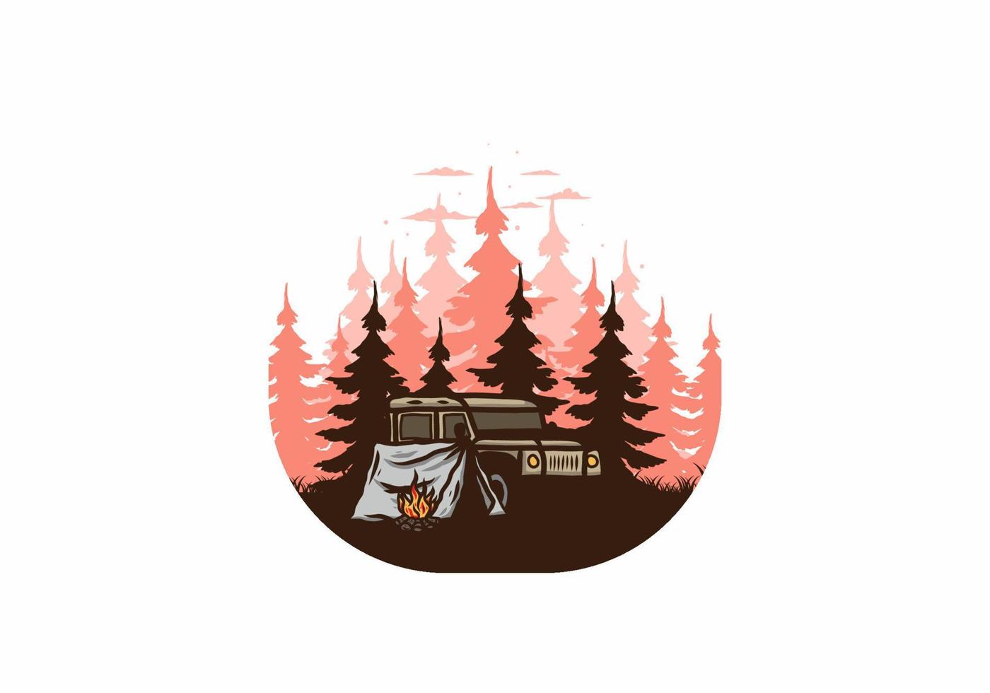 acampando al lado del auto en la ilustración del bosque vector