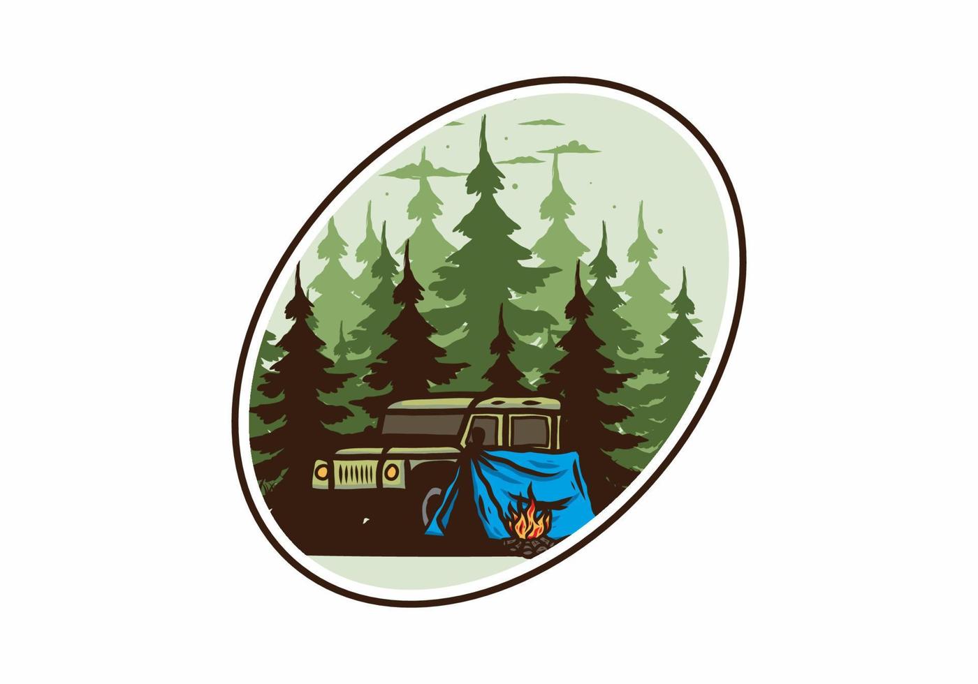 acampando al lado del auto en la ilustración del bosque vector