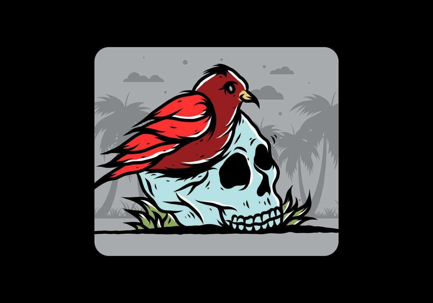 Bird nesting in skull illustration vector