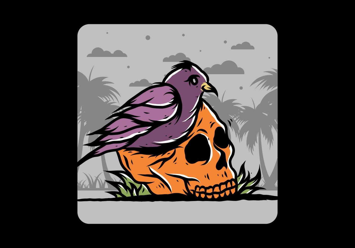 Bird nesting in skull illustration vector