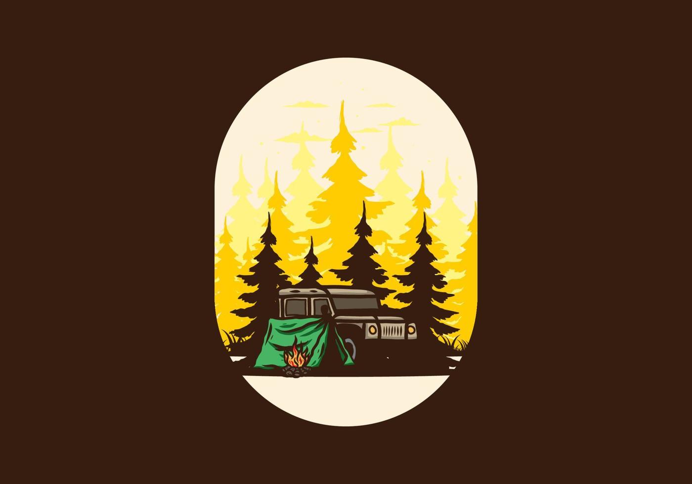 Camping beside the car in the forest illustration vector