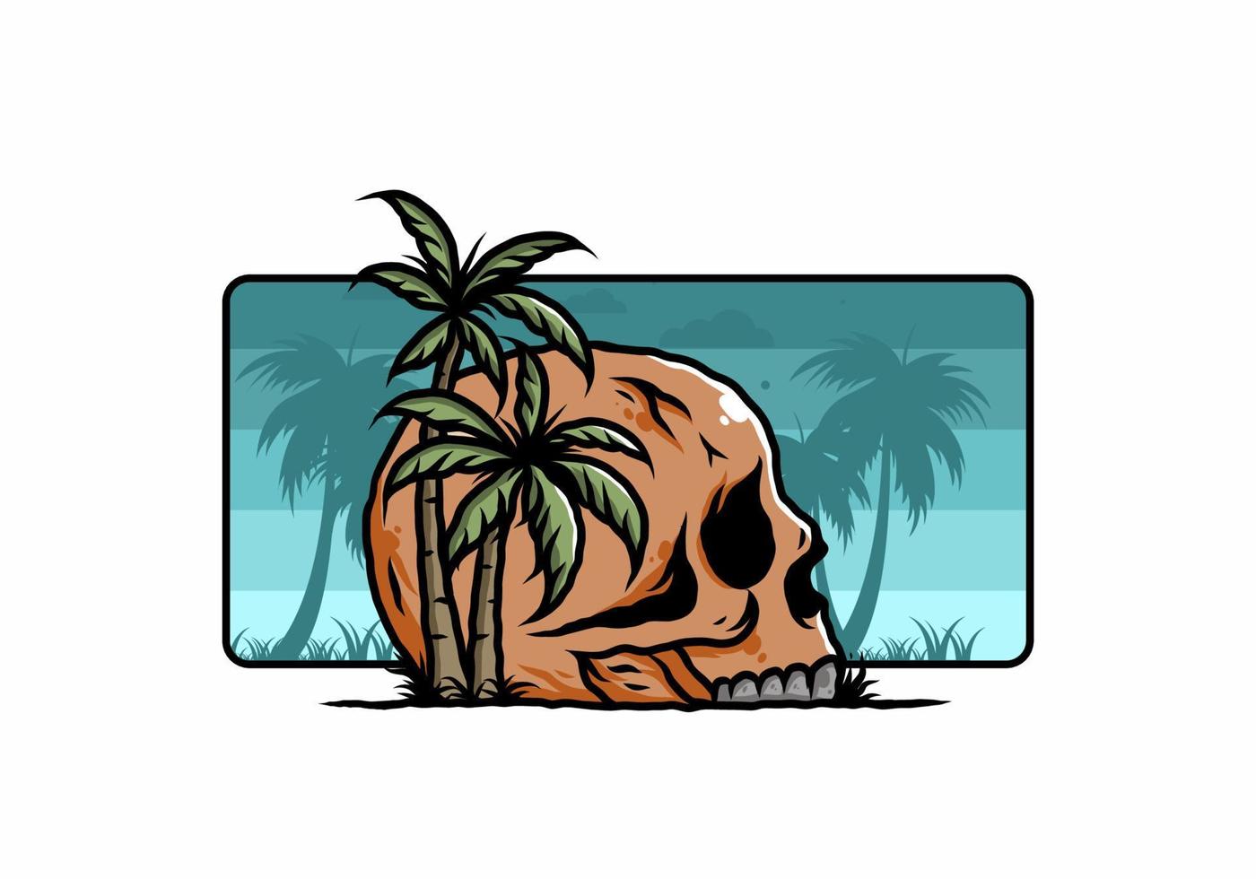 Skull head under coconut trees illustration vector