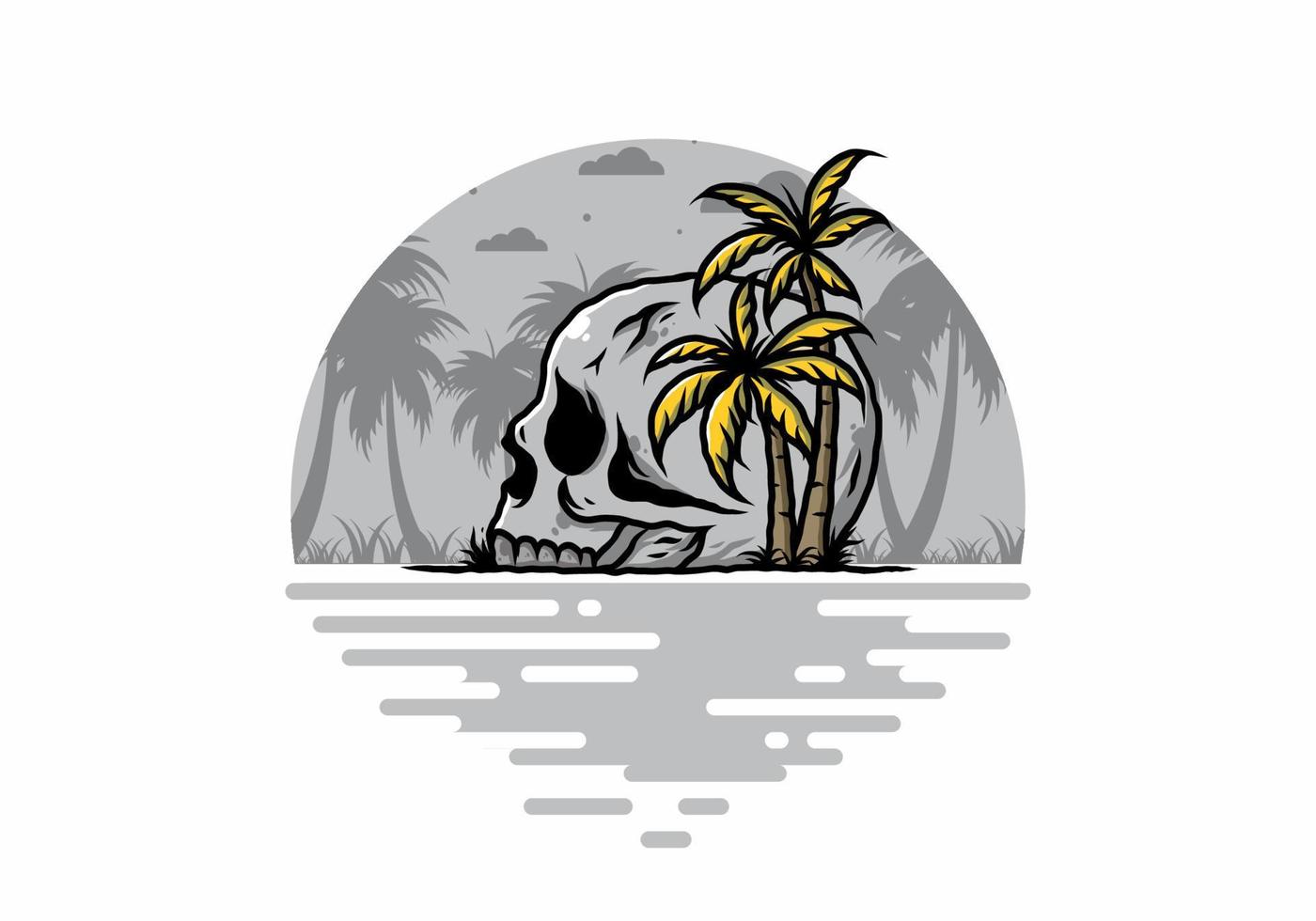 Skull head under coconut trees illustration vector
