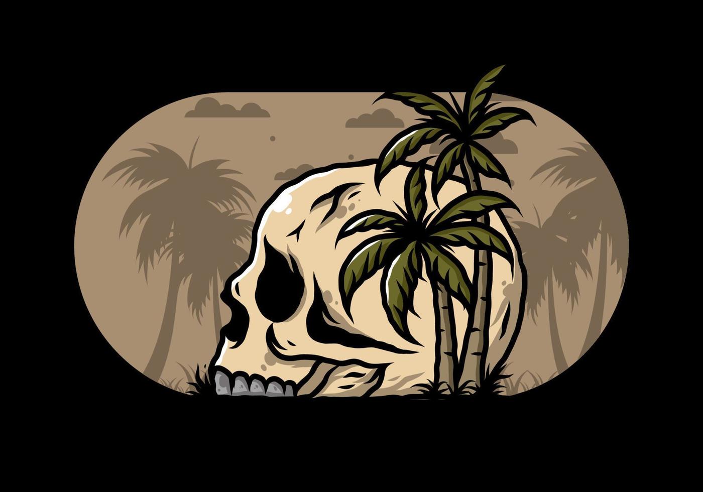 Skull head under coconut trees illustration vector