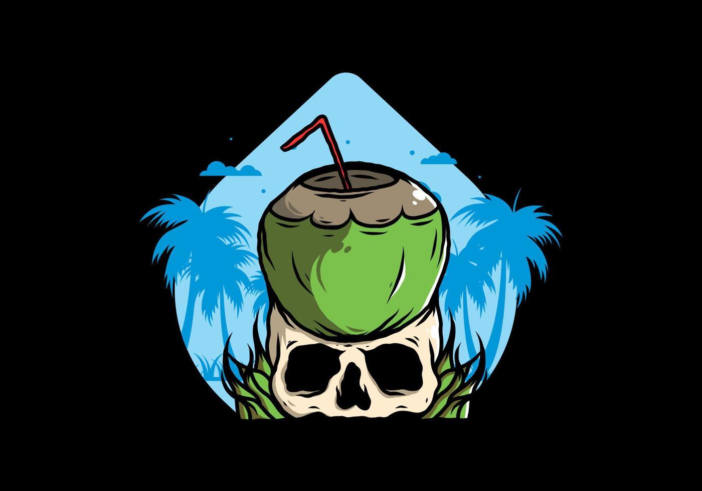 Coconut drink on human skull illustration vector