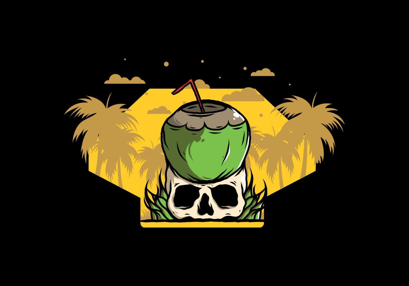 Coconut drink on human skull illustration vector
