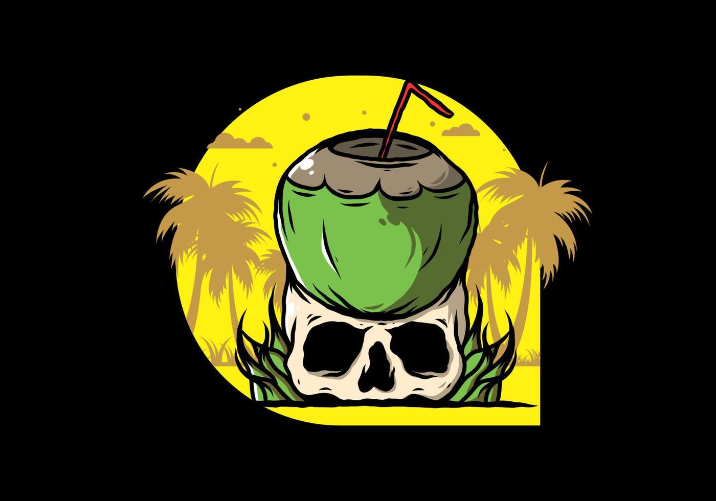 Coconut drink on human skull illustration vector