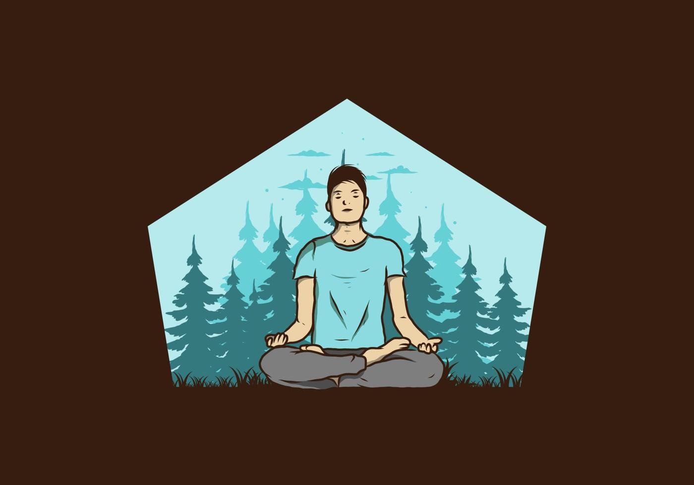 ilustración de alguien haciendo yoga y meditando al aire libre en un bosque en la naturaleza entre pinos vector