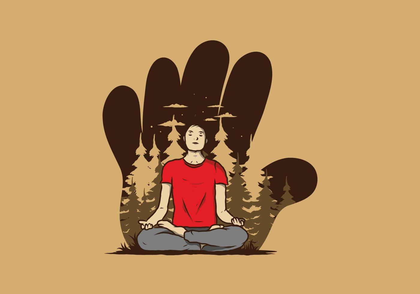 illustration of a someone doing yoga and meditating outdoors in a forest in nature among pine trees vector
