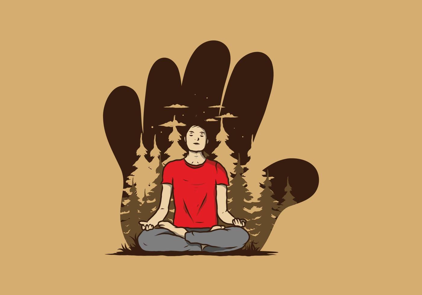 ilustración de alguien haciendo yoga y meditando al aire libre en un bosque en la naturaleza entre pinos vector